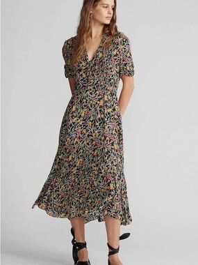 Polo Ralph Lauren Black Floral Midi Dress with Red and Yellow Accents